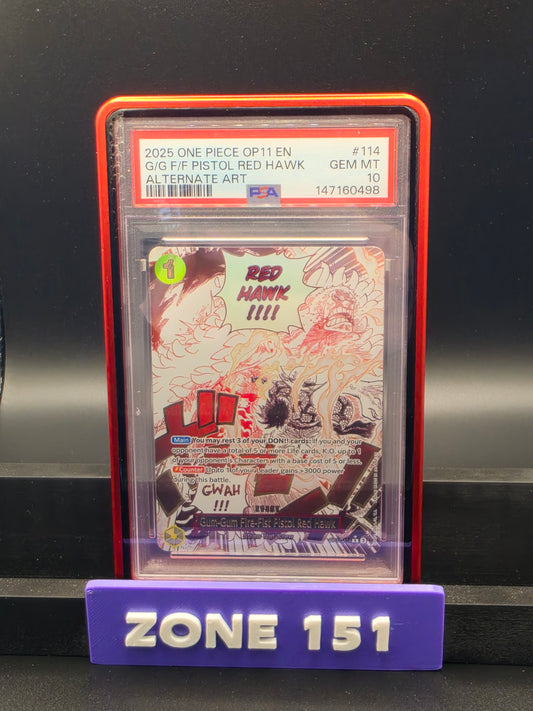 2025 ONE PIECE OP11 (EN) G/G F/F PISTOL RED HAWK ALTERNATE ART PSA 10
